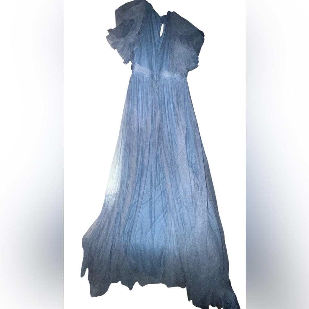 Faeriesty Fairy Dress – Elegant Blue Maternity V-Neck Midi Ruffle Sleeves & Slit - Picture 3 of 16